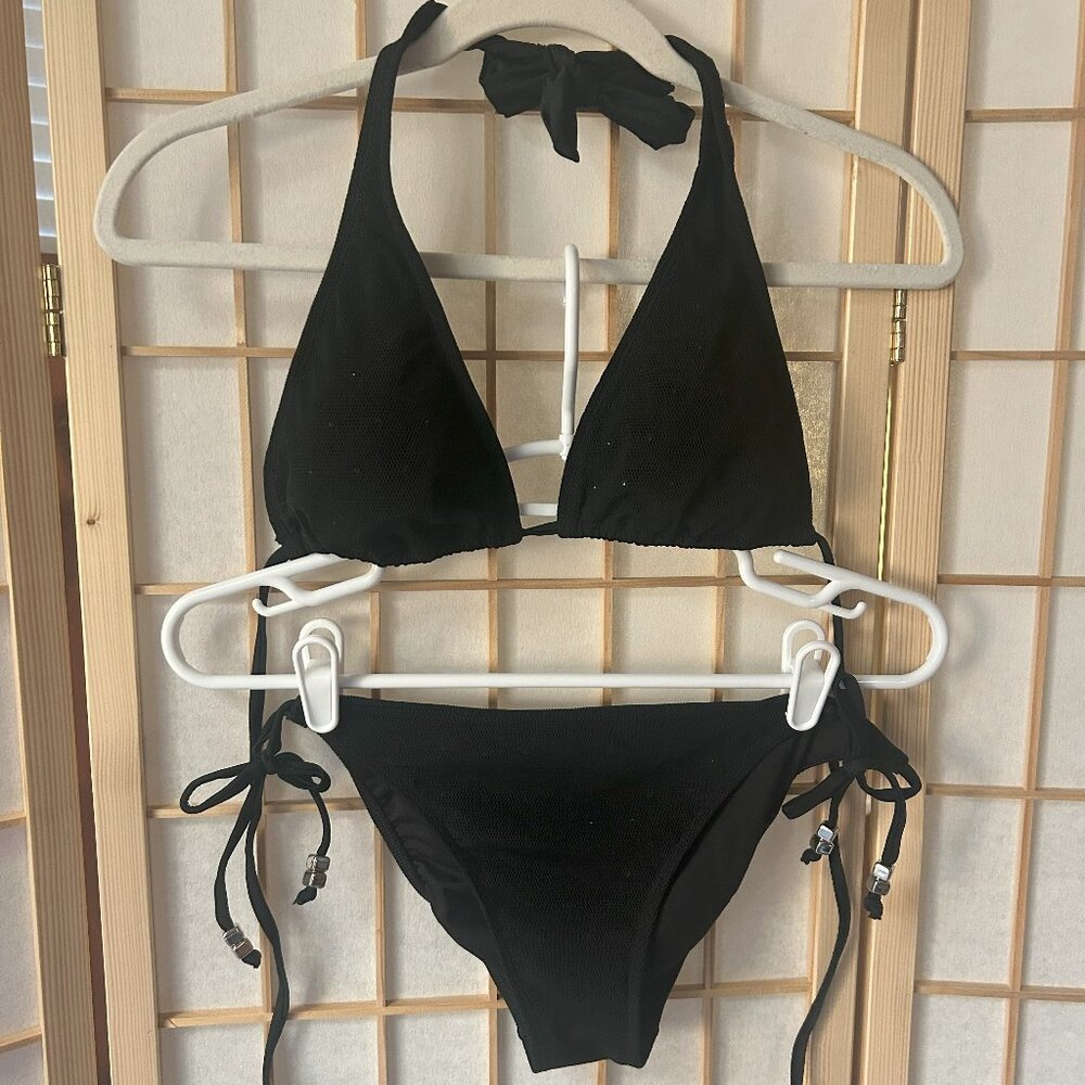 Endless Sun black mesh side-tie hipster string bikini with pink rhinestones M